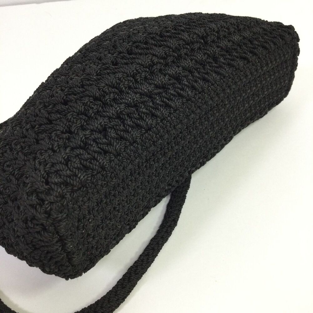 The Sak Black Hand Crochet Crossbody Bag Vintage Knit Purse Zip Top Silver Charm - Picture 5 of 12